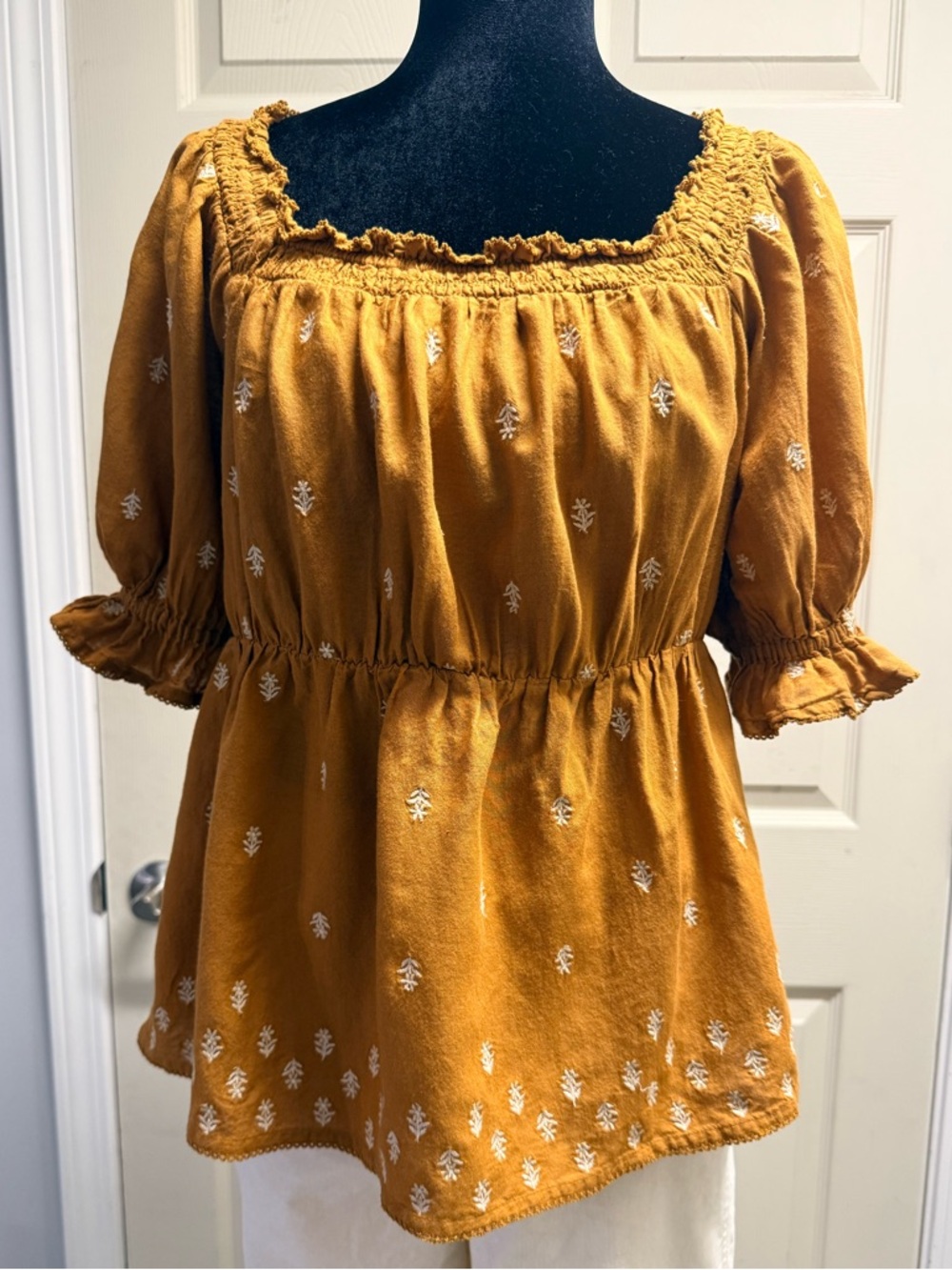 Old Navy Mustard Embroidered Peasant Top - Women’s